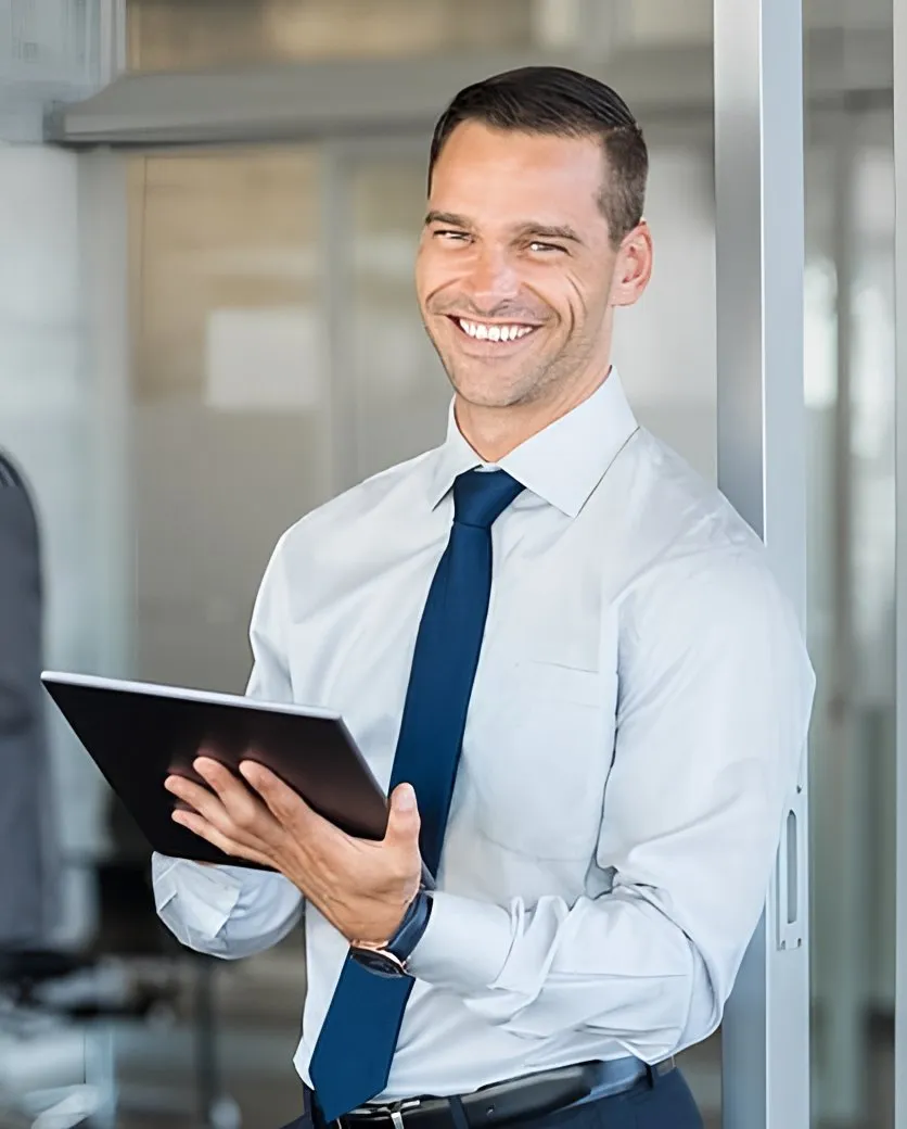 businessman tablet office smiling