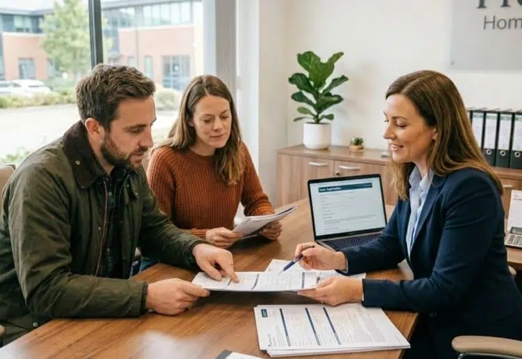 home loan declined, Couple reviewing their home loan application with a lender at an office desk