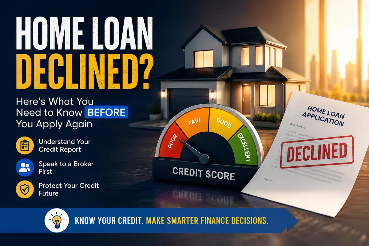 Home loan declined graphic with a credit score gauge and a declined home loan application
