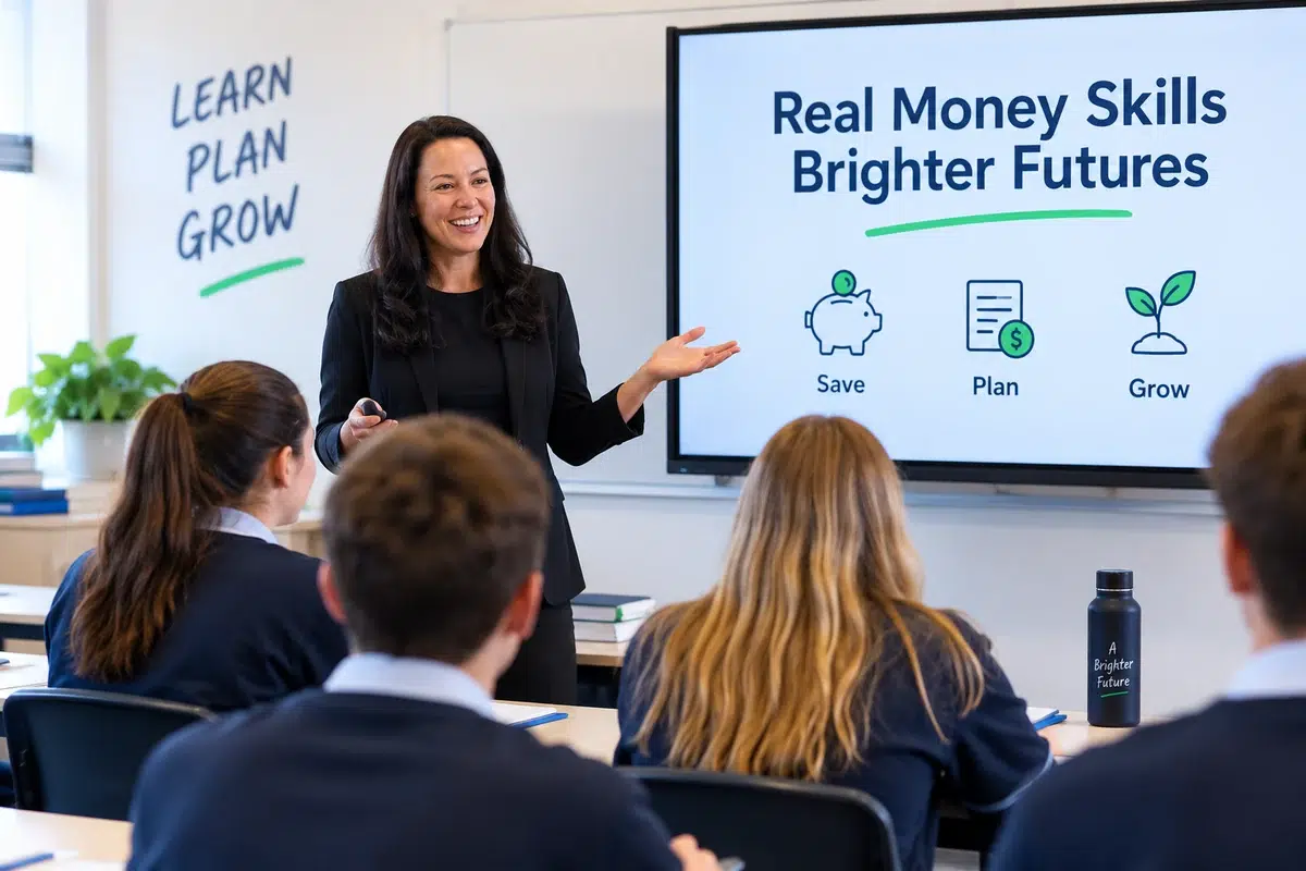 Presenter delivering a financial literacy lesson to Year 10 students, with a Real Money Skills, Brighter Futures slide showing Save, Plan and Grow icons